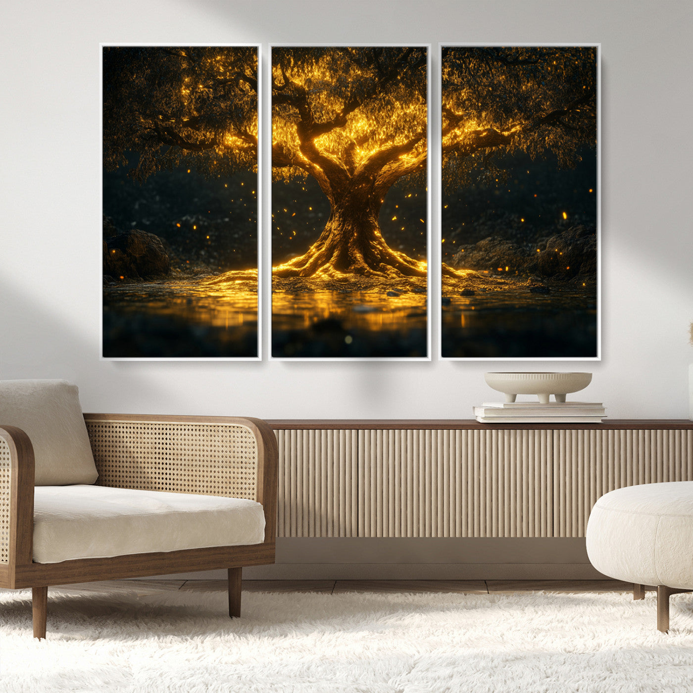59580-MGV-CV-36X24-Glowing Tree Wall Art – Golden Fantasy Nature Canvas Print, Mystical Illuminated Tree Painting Poster for Living Room, Bedroom,