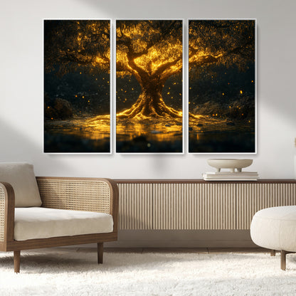 59580-MGV-CV-36X24-Glowing Tree Wall Art – Golden Fantasy Nature Canvas Print, Mystical Illuminated Tree Painting Poster for Living Room, Bedroom,