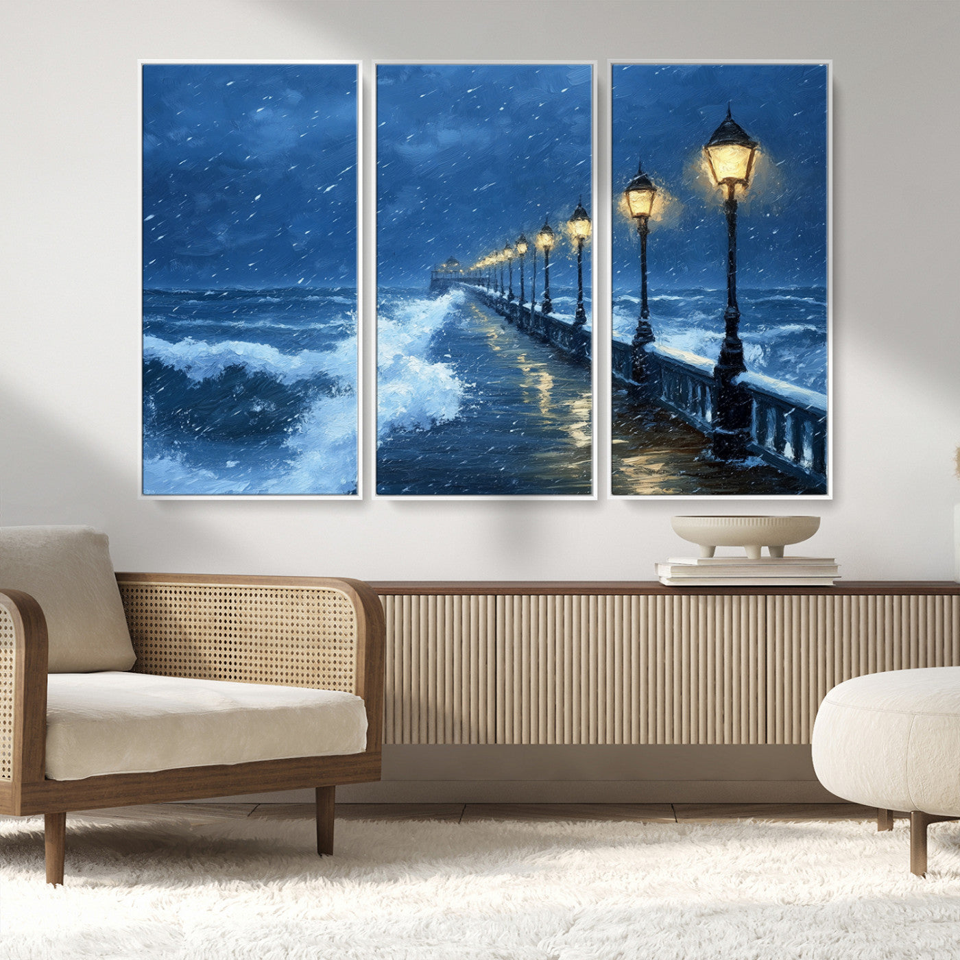 32668-MGV-FC-48X32-3P_White-Stormy Pier Wall Art – Ocean Waves and Street Lamps Canvas Print, Rainy Night Seascape Oil Painting Poster for Living Room,