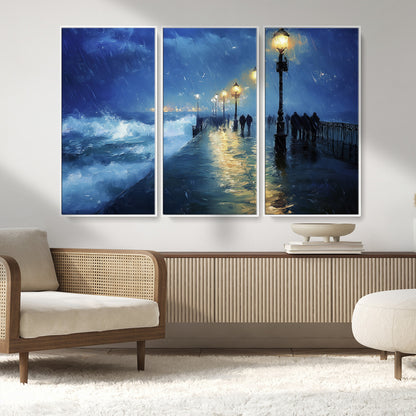 76572-MGV-CV-36X24-Stormy Night Pier Wall Art – Ocean Waves and Street Lamps Canvas Print, Rainy Seascape Oil Painting Poster for Living Room,