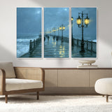 79606-MGV-CV-36X24-Rainy Pier Night Wall Art – Ocean Waves and Street Lamps Canvas Print, Moody Seascape Oil Painting Poster for Living Room,