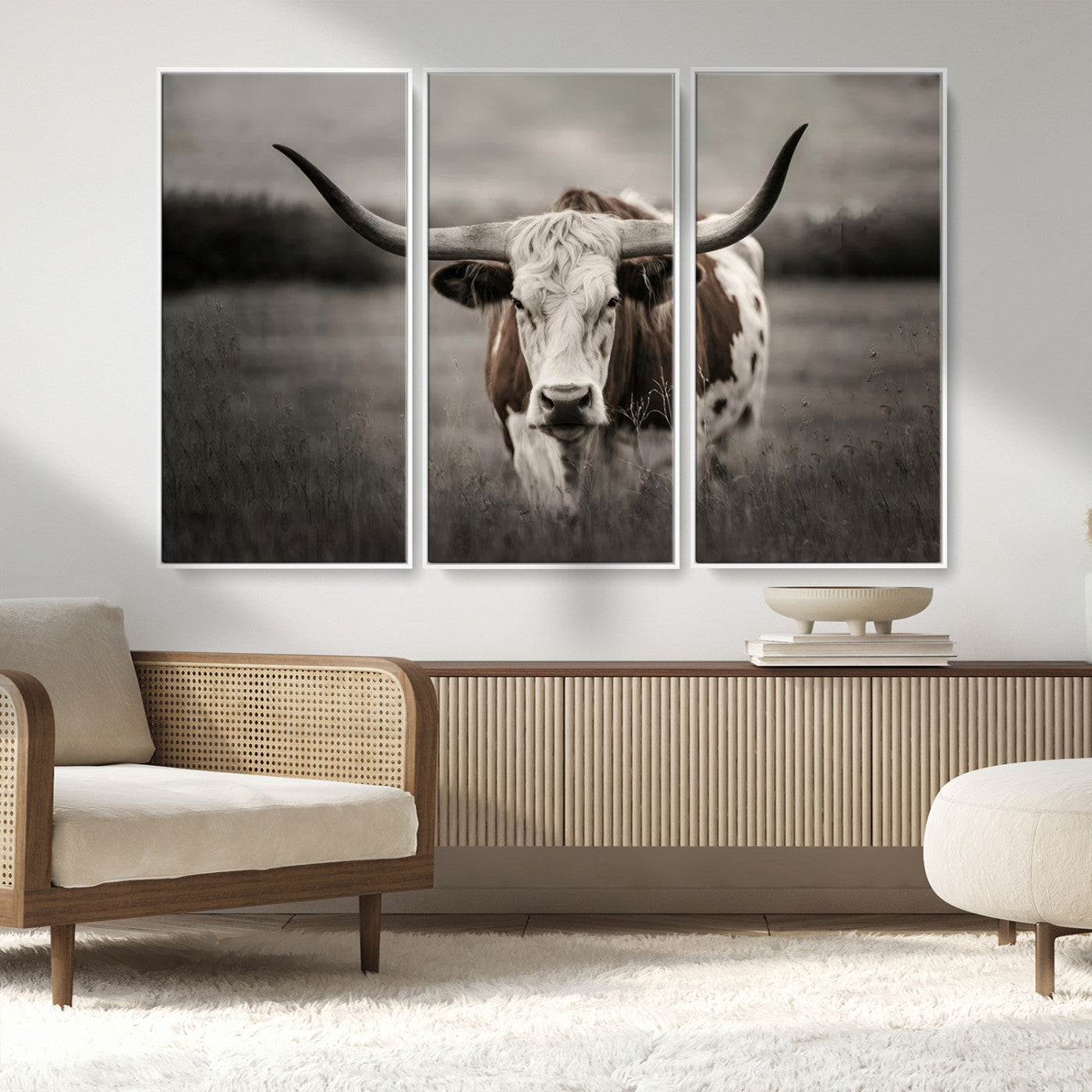 69238-MGV-FC-48X32-3P_White-Longhorn Bull Wall Art – Rustic Black and White Texas Cattle Canvas Print, Western Farmhouse Animal Photography for Living Room,