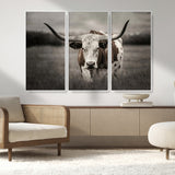 69238-MGV-FC-48X32-3P_White-Longhorn Bull Wall Art – Rustic Black and White Texas Cattle Canvas Print, Western Farmhouse Animal Photography for Living Room,