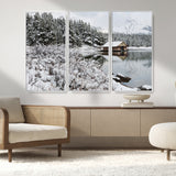 94285-MGV-CV-36X24-Snowy Cabin Wall Art Canvas Print, Framed Winter Cabin Art Picture Print, Mountain Lake Perfect Snowy Nature Decor Artwork