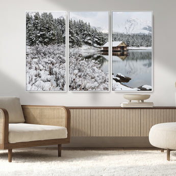 94285-MGV-CV-36X24-Snowy Cabin Wall Art Canvas Print, Framed Winter Cabin Art Picture Print, Mountain Lake Perfect Snowy Nature Decor Artwork