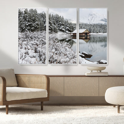 94285-MGV-CV-36X24-Snowy Cabin Wall Art Canvas Print, Framed Winter Cabin Art Picture Print, Mountain Lake Perfect Snowy Nature Decor Artwork