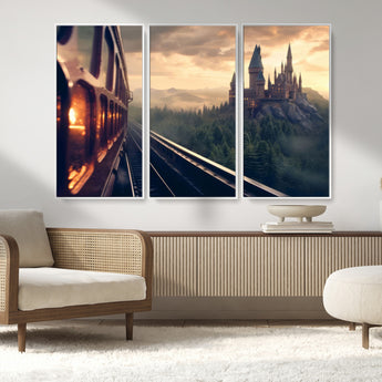 84029-MGV-CV-36X24-Fantasy Castle Wall Art – Magical Train Sunset Forest Canvas Print, Enchanted Landscape Painting Poster for Living Room, Bedroom,