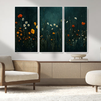87037-MGV-CV-36X24-Wildflower Wall Art – Dark Botanical Floral Canvas Print, Modern Nature Painting Poster with Daisies Poppies Orange Flowers for