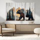 90077-MGV-CV-36X24-Wood Grizzly Bear Wall Art Canvas Print, Framed Abstract Bear Art Picture Print, Bear in Forest Perfect Rustic Lodge Decor Artwork