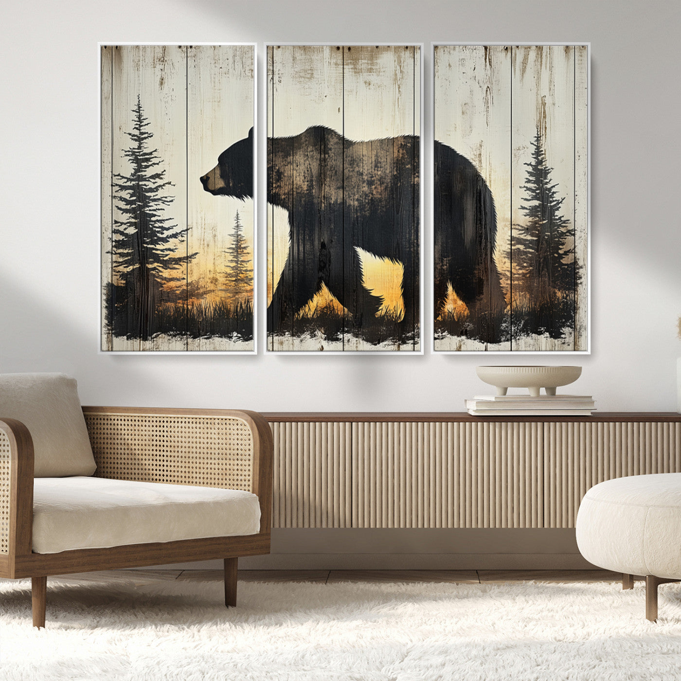 83875-MGV-CV-36X24-Sunset Bear Wall Art – Rustic Wildlife Canvas Print with Forest Silhouette, Cabin Lodge Decor for Living Room or Office