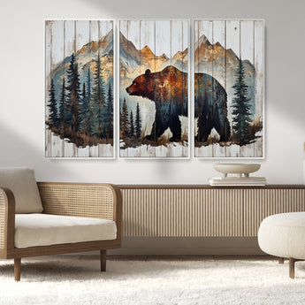 55777-MGV-CV-36X24-Rustic Bear Wall Art Canvas Print, Framed Mountain and Forest Art Picture Print, Wooden Bear Perfect Rustic Lodge Decor Artwork