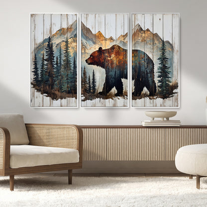55777-MGV-CV-36X24-Rustic Bear Wall Art Canvas Print, Framed Mountain and Forest Art Picture Print, Wooden Bear Perfect Rustic Lodge Decor Artwork