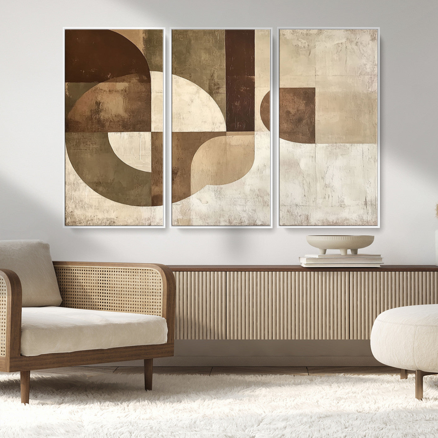 59767-MGV-FC-48X32-3P_White-Abstract Geometric Shapes Wall Art – Modern Minimalist Canvas Print, Neutral Brown Beige Tan Artwork for Living Room, Bedroom,