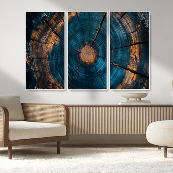 65231-MGV-CV-36X24-Blue and Gold Tree Ring Wall Art – Rustic Abstract Wood Slice Canvas Print, Modern Nature Inspired Artwork for Living Room,