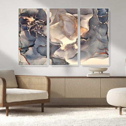 18202-MGV-CV-36X24-Abstract Neutral Wall Art – Blue, Beige and Gold Fluid Ink Canvas Print, Modern Minimalist Painting for Living Room, Office