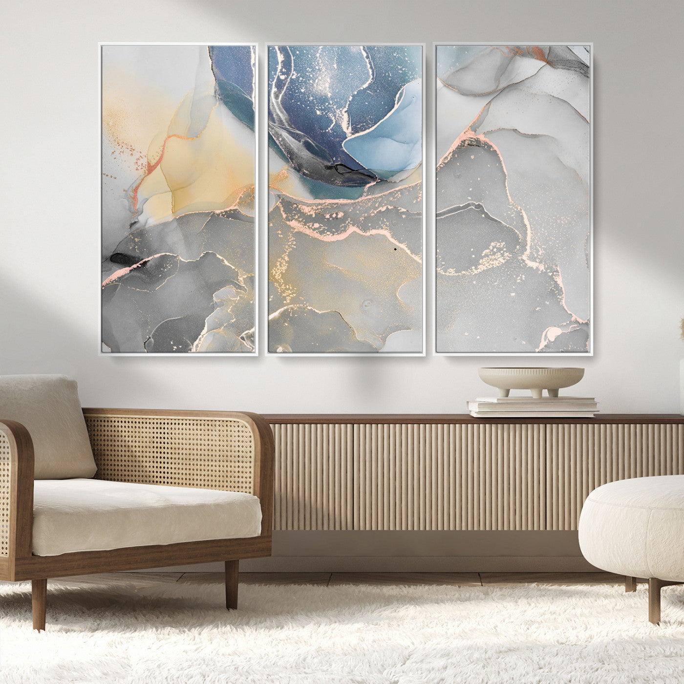 18176-MGV-CV-36X24-Abstract Fluid Wall Art – Modern Marble Ink Canvas Print with Blue, Gold, and Gray Tones, Contemporary Minimal Artwork Decor for