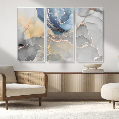 18176-MGV-CV-36X24-Abstract Fluid Wall Art – Modern Marble Ink Canvas Print with Blue, Gold, and Gray Tones, Contemporary Minimal Artwork Decor for