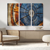 10583-MGV-FC-48X32-3P_White-Tree Ring Wall Art – Abstract Wood Grain Canvas Print with Blue and Brown Tones, Nature Inspired Rustic Artwork for Living Room,