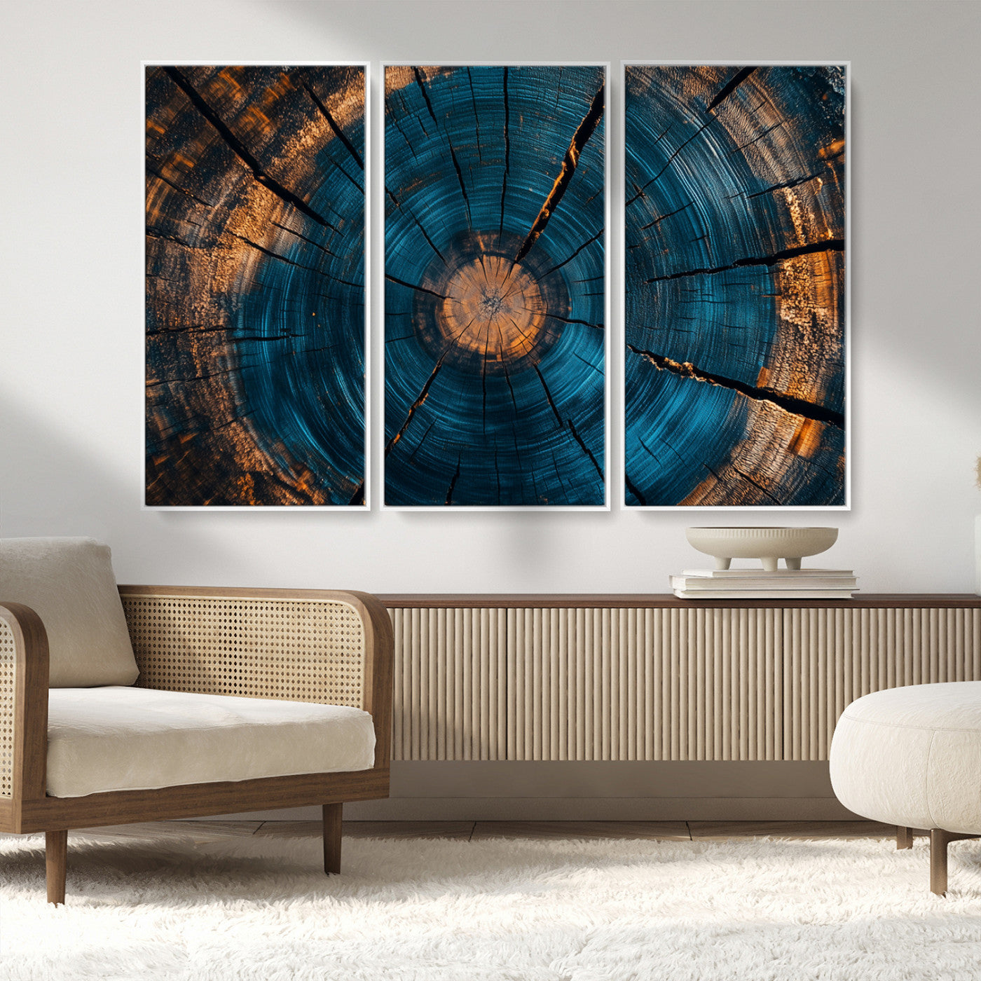 13398-MGV-FC-48X32-3P_White-Tree Ring Wall Art – Abstract Wood Grain Canvas Print with Blue and Orange Accents, Rustic Nature Inspired Artwork for Living