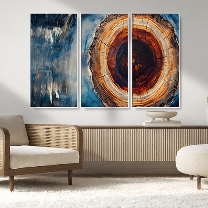 48045-MGV-CV-36X24-Tree Ring Abstract Wall Art – Rustic Wood Grain Canvas Print with Brown Center and Blue Brush Strokes, Nature Inspired Artwork for
