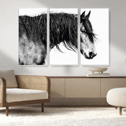 57694-MGV-CV-36X24-Horse Portrait Wall Art – Black and White Canvas Print with Detailed Stallion Profile, Rustic Farmhouse Equestrian Artwork for