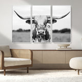 20272-MGV-CV-36X24-Texas Longhorn Wall Art – Black and White Cowboy Western Canvas Print, Rustic Farmhouse Cattle Photography Decor for Ranch, Barn