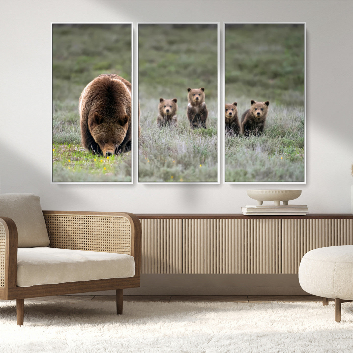 65087B-MGV-CV-36X24-Bear Family Wall Art – Wildlife Canvas Print Featuring Mother Bear with Cubs in Nature, Rustic Animal Artwork for Living Room,