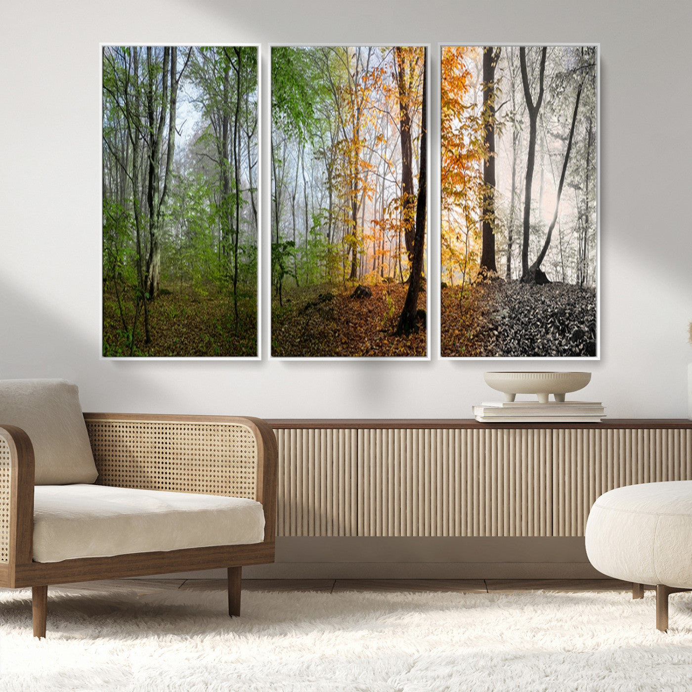 95317-MGV-FC-48X32-3P_White-Four Seasons Forest Wall Art – Panoramic Nature Canvas Print Showing Spring, Summer, Autumn and Winter Landscape for Living Room,