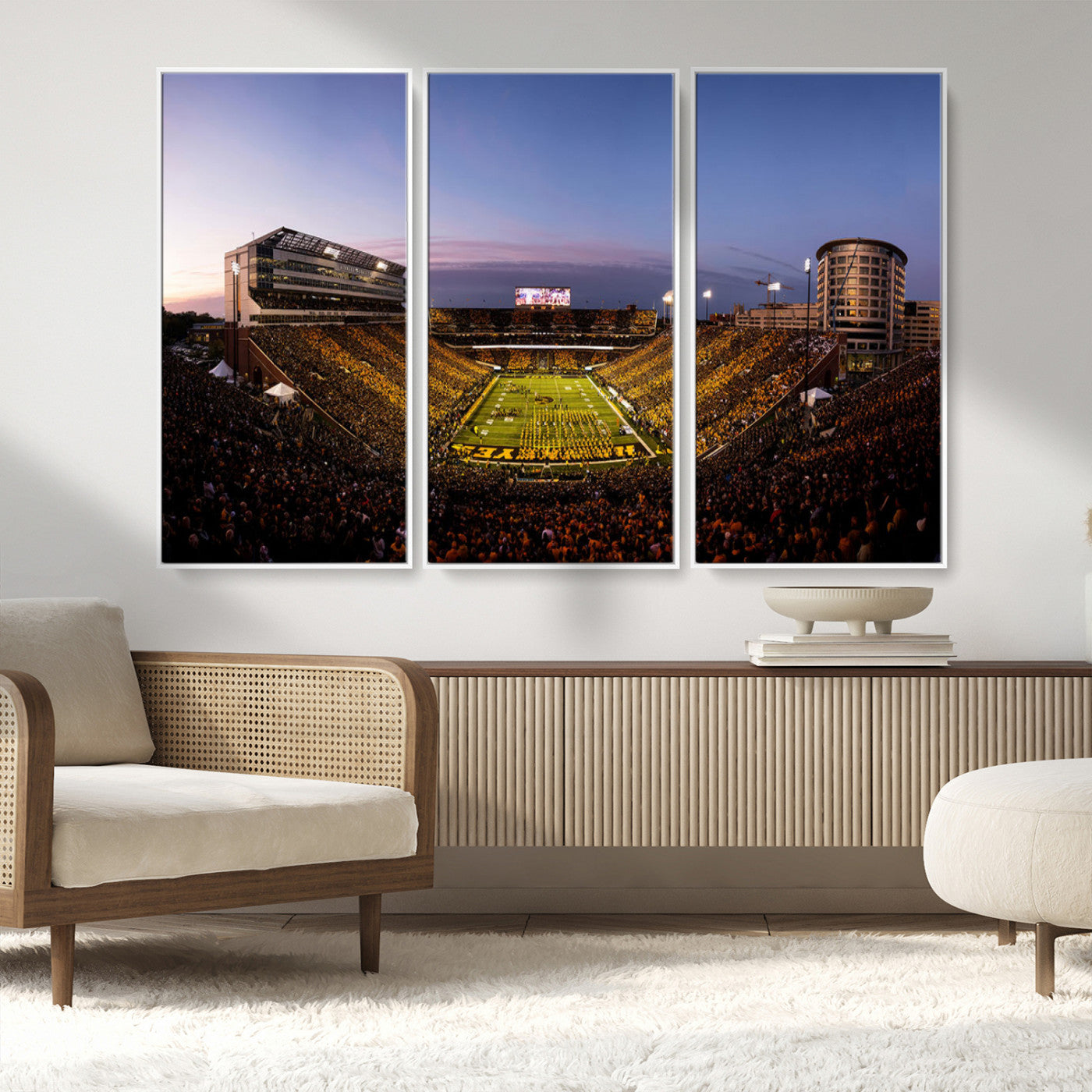 82557-MGV-FC-48X32-3P_White-College Football Stadium Wall Art – Panoramic Sunset Canvas Print with Marching Band and Game Day Crowd, Sports Artwork for Man