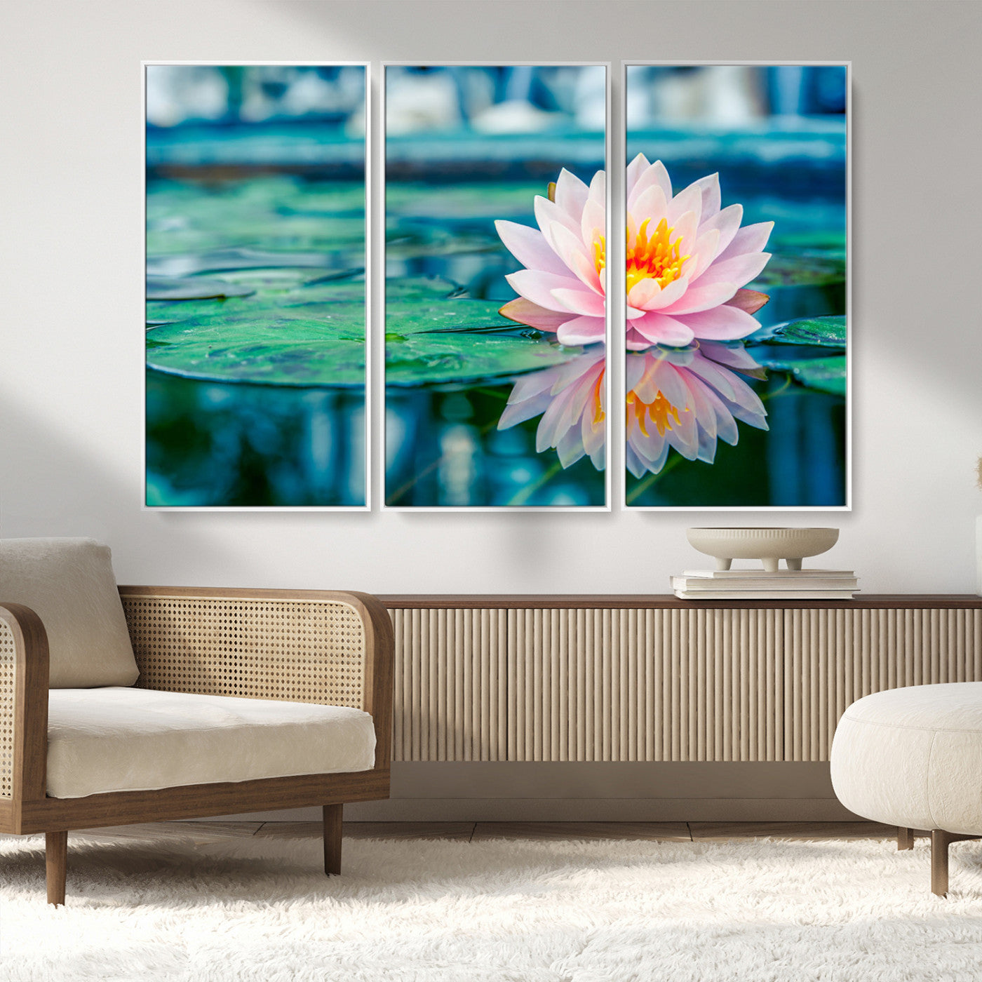 30320-MGV-FC-48X32-3P_White-Pink Water Lily Wall Art – Lotus Flower Canvas Print with Reflection Water, Peaceful Botanical Artwork for Living Room, Bedroom,
