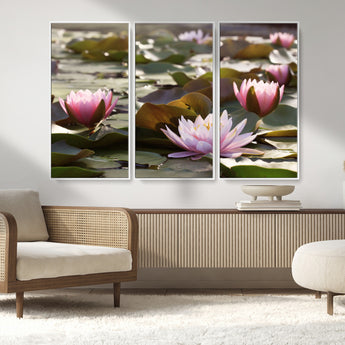 28394-MGV-FC-48X32-3P_White-Water Lily Pond Wall Art – Pink Lotus Flowers Canvas Print with Green Lily Pads, Peaceful Botanical Artwork for Living Room,