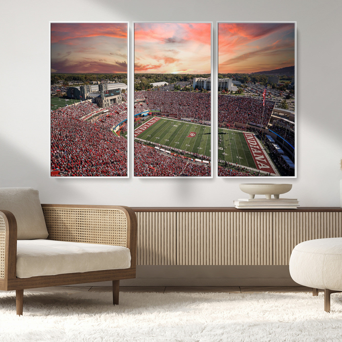 51135-MGV-CV-36X24-Indiana Hoosiers Stadium Wall Art – Panoramic Football Canvas Print with Game Day Crowd and Sunset Sky, Sports Artwork for Man