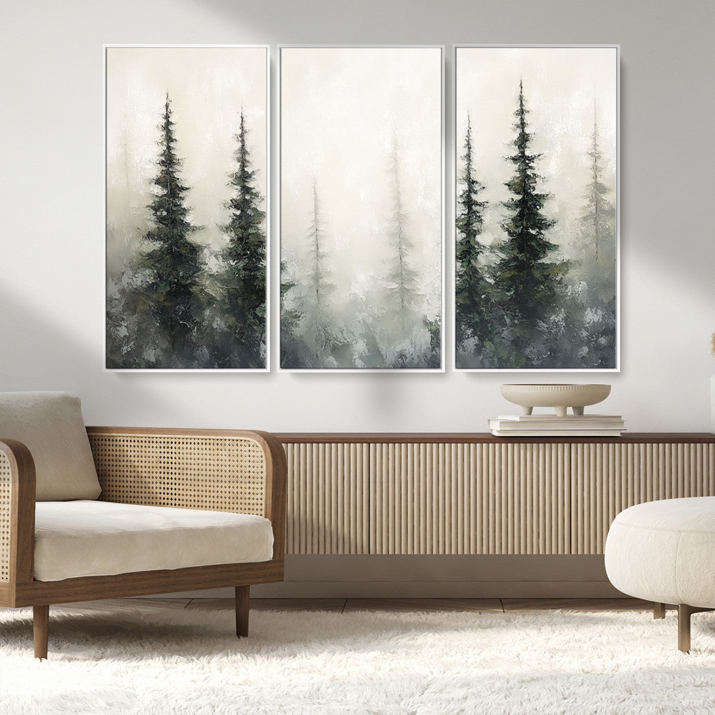 33241-MGV-FC-48X32-3P_White-Misty Forest Wall Art Canvas Print, Framed Foggy Pines Art Picture Print, Forest Haze Perfect Rustic Minimalist Decor Artwork