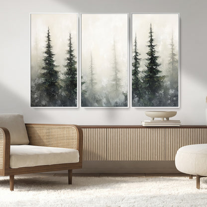 33241-MGV-FC-48X32-3P_White-Misty Forest Wall Art Canvas Print, Framed Foggy Pines Art Picture Print, Forest Haze Perfect Rustic Minimalist Decor Artwork