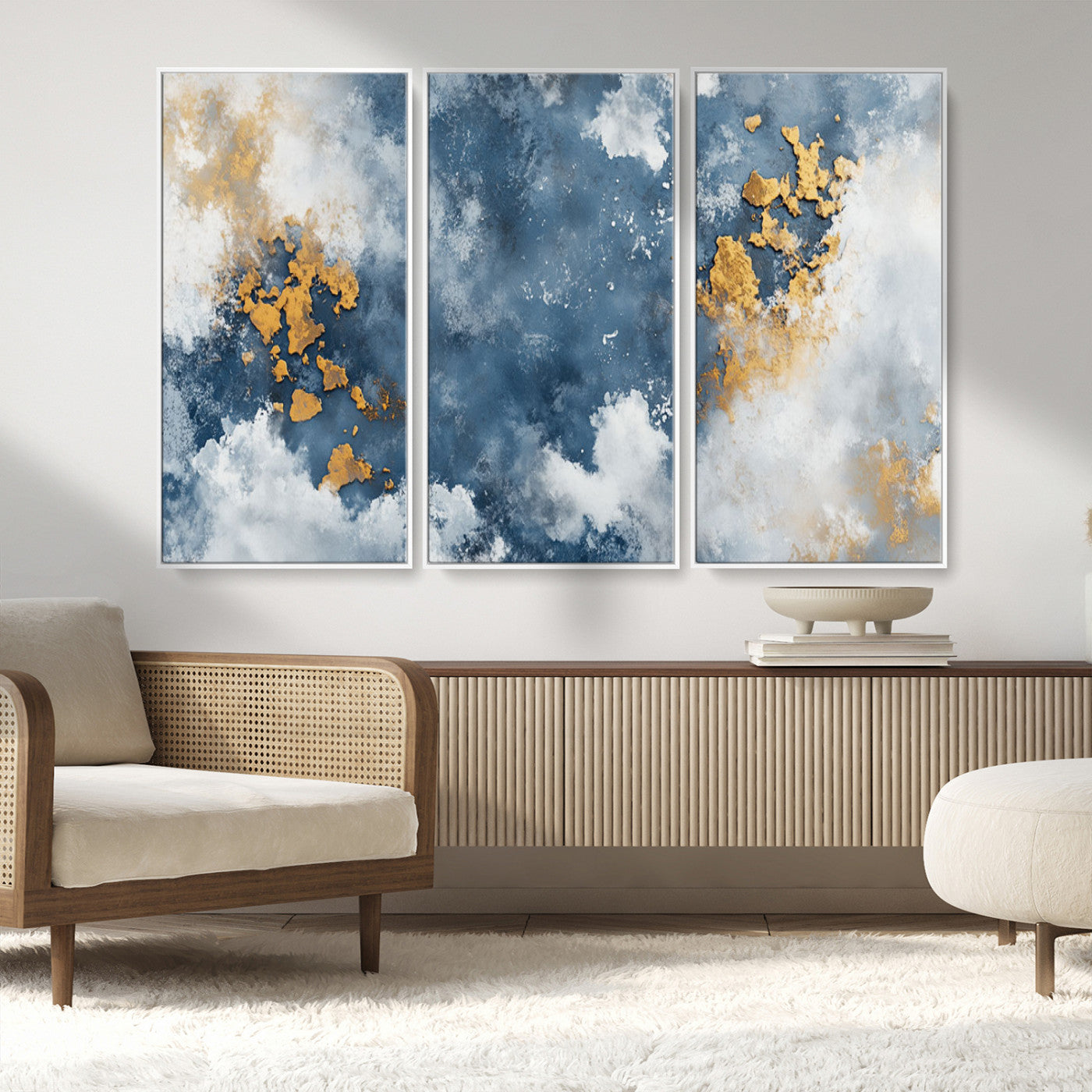 39575-MGV-CV-36X24-Blue and Gold Abstract Wall Art – Modern Canvas Print Featuring Cloudy Textures with Metallic Accents, Contemporary Artwork for