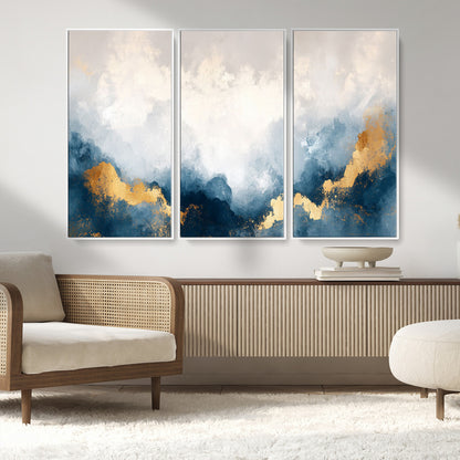 14578-MGV-CV-36X24-Abstract Wall Art – Modern Canvas Print Featuring Blue and White Clouds with Golden Accents, Contemporary Elegant Artwork for