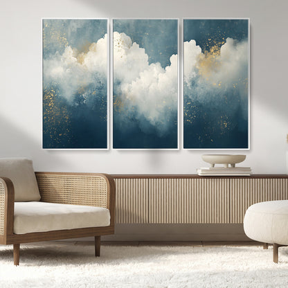 75131-MGV-CV-36X24-Abstract Cloud Wall Art – Modern Canvas Print Featuring Blue and White Clouds with Golden Accents, Contemporary Artwork for Living