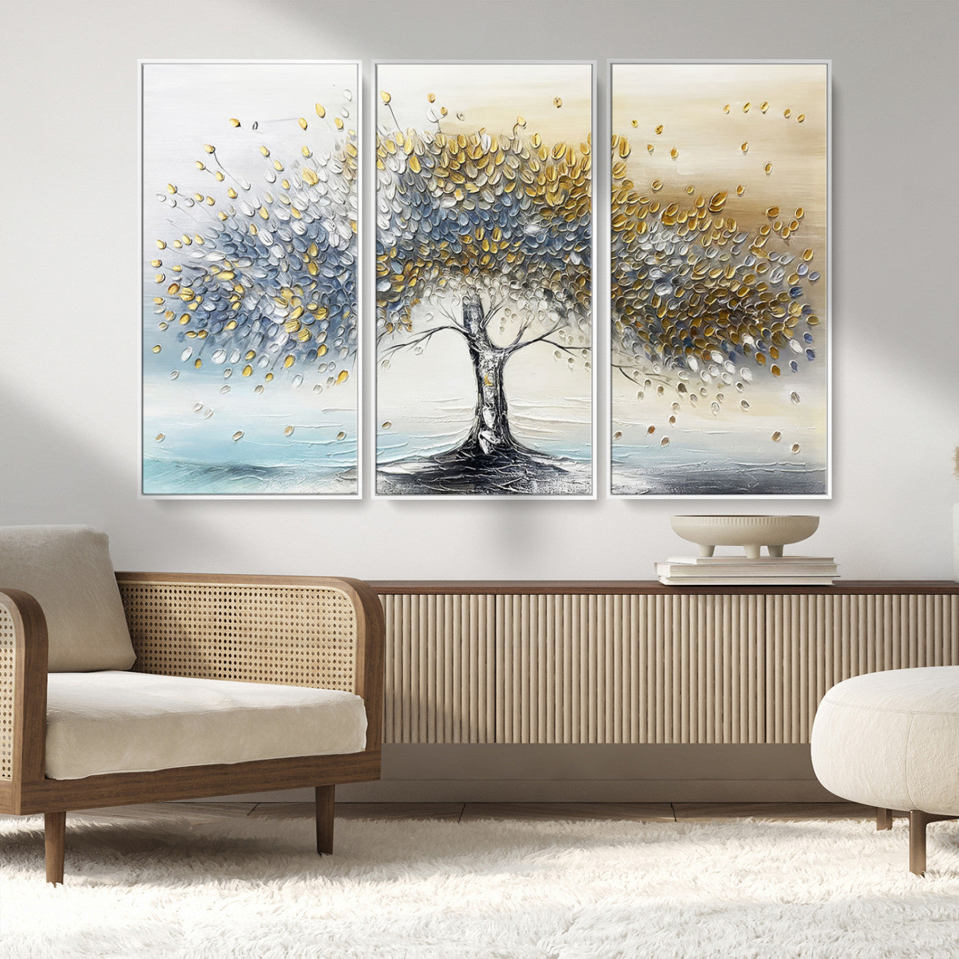 24771-MGV-FC-48X32-3P_White-Silver Tree Wall Art Canvas Print, Framed Golden Leaves Art Picture Print, Metallic Tree Perfect Minimalist Luxury Decor Artwork