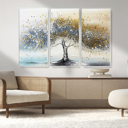 24771-MGV-FC-48X32-3P_White-Silver Tree Wall Art Canvas Print, Framed Golden Leaves Art Picture Print, Metallic Tree Perfect Minimalist Luxury Decor Artwork