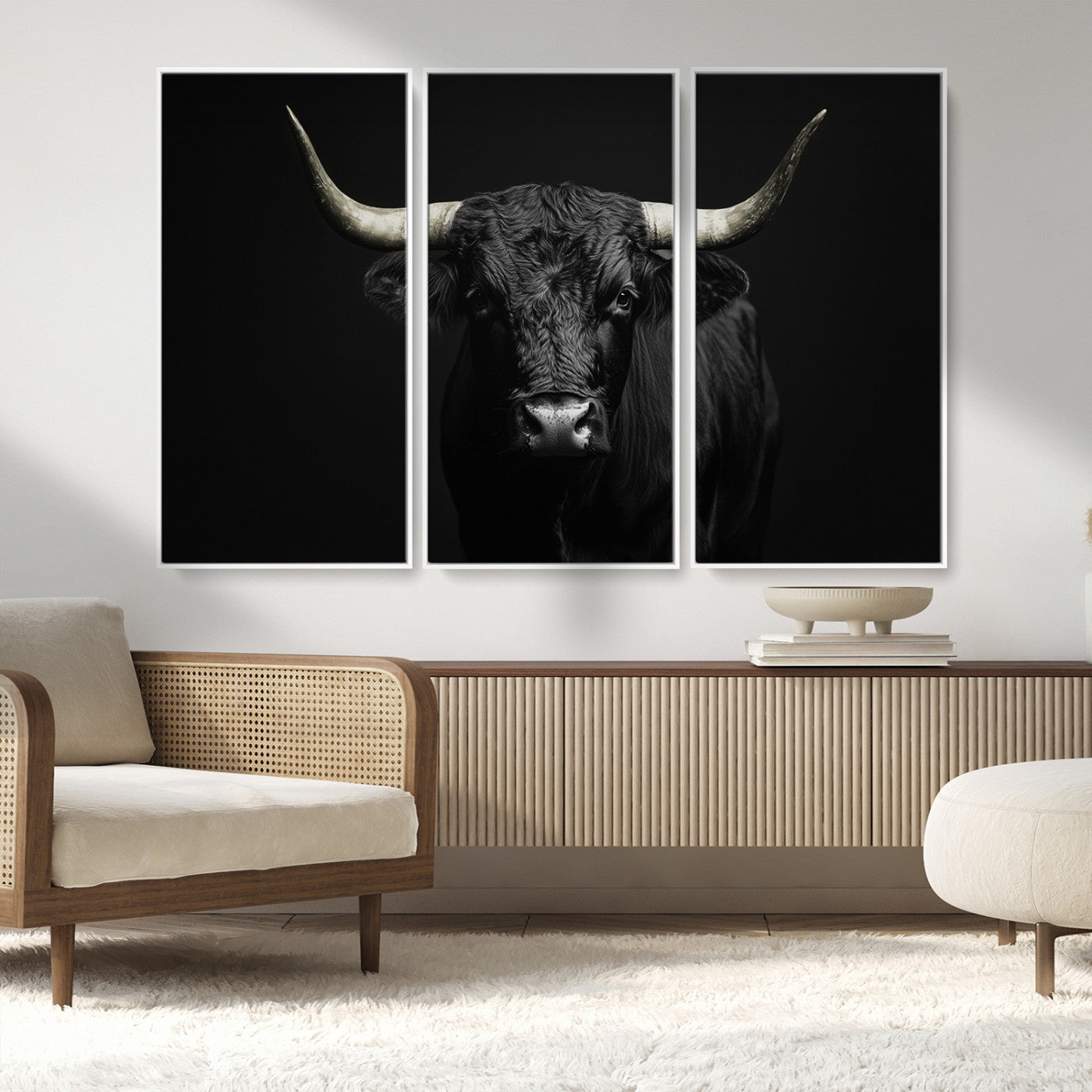 97914921-MGV-FC-48X32-3P_White-Black Bull Wall Art Canvas Print, Framed Longhorn Bull Art Picture Print, Western Bull Perfect Monochrome Western Decor Artwork