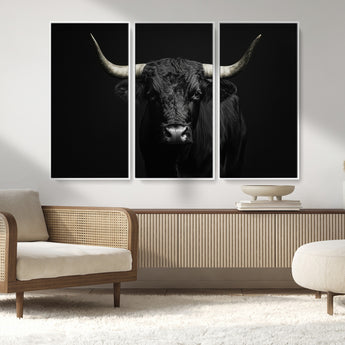 97914921-MGV-FC-48X32-3P_White-Black Bull Wall Art Canvas Print, Framed Longhorn Bull Art Picture Print, Western Bull Perfect Monochrome Western Decor Artwork