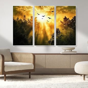 13776802-MGV-CV-36X24-Golden Forest Wall Art Canvas Print, Framed Sunset Pines Art Picture Print, Flying Birds Perfect Nature Glow Decor Artwork