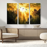 13776802-MGV-CV-36X24-Golden Forest Wall Art Canvas Print, Framed Sunset Pines Art Picture Print, Flying Birds Perfect Nature Glow Decor Artwork