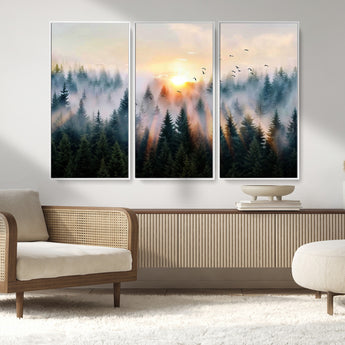 56391411-MGV-CV-36X24-Misty Forest Wall Art Canvas Print, Framed Sunrise Pines Art Picture Print, Moody Pines Perfect Serene Woodland Decor Artwork