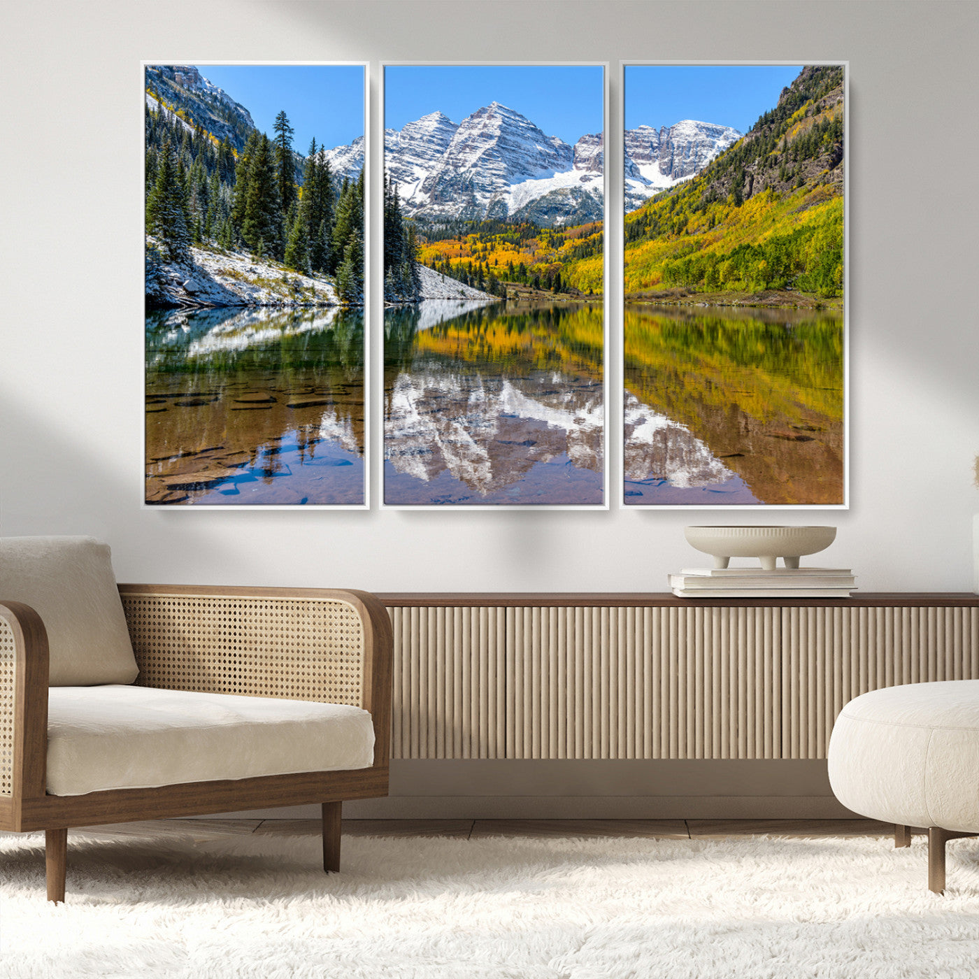 87724099-MGV-CV-36X24-Maroon Bells Wall Art Canvas Print, Framed Snowy Mountains Art Picture Print, Pine Forest Perfect Vibrant Alpine Decor Artwork