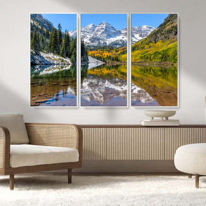 87724099-MGV-CV-36X24-Maroon Bells Wall Art Canvas Print, Framed Snowy Mountains Art Picture Print, Pine Forest Perfect Vibrant Alpine Decor Artwork