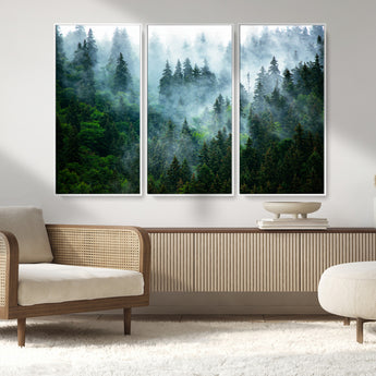17393683-MGV-FC-48X32-3P_White-Misty Forest Art Wall Art Canvas Print, Framed Foggy Mountain Art Art Picture Print, Scenic Wall Print Perfect Decor Artwork