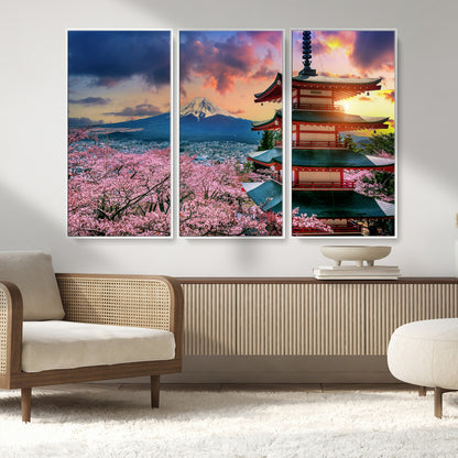 32331262-MGV-FC-48X32-3P_White-Mount Fuji Japan Wall Art – Cherry Blossom Landscape Canvas Print, Chureito Pagoda Sunset Photography, Japanese Nature Travel