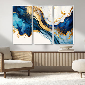 60283636-MGV-FC-48X32-3P_White-Blue Gold Flow Wall Art Canvas Print, Framed Marble Texture Art Picture Print, Elegant Splash Perfect Elegant Abstract Decor