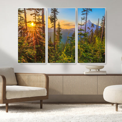 83544043-MGV-FC-48X32-3P_White-Forest Sunset Wall Art Canvas Print, Framed Sunset Trees Art Picture Print, Green Pines Perfect Rustic Nature Decor Artwork